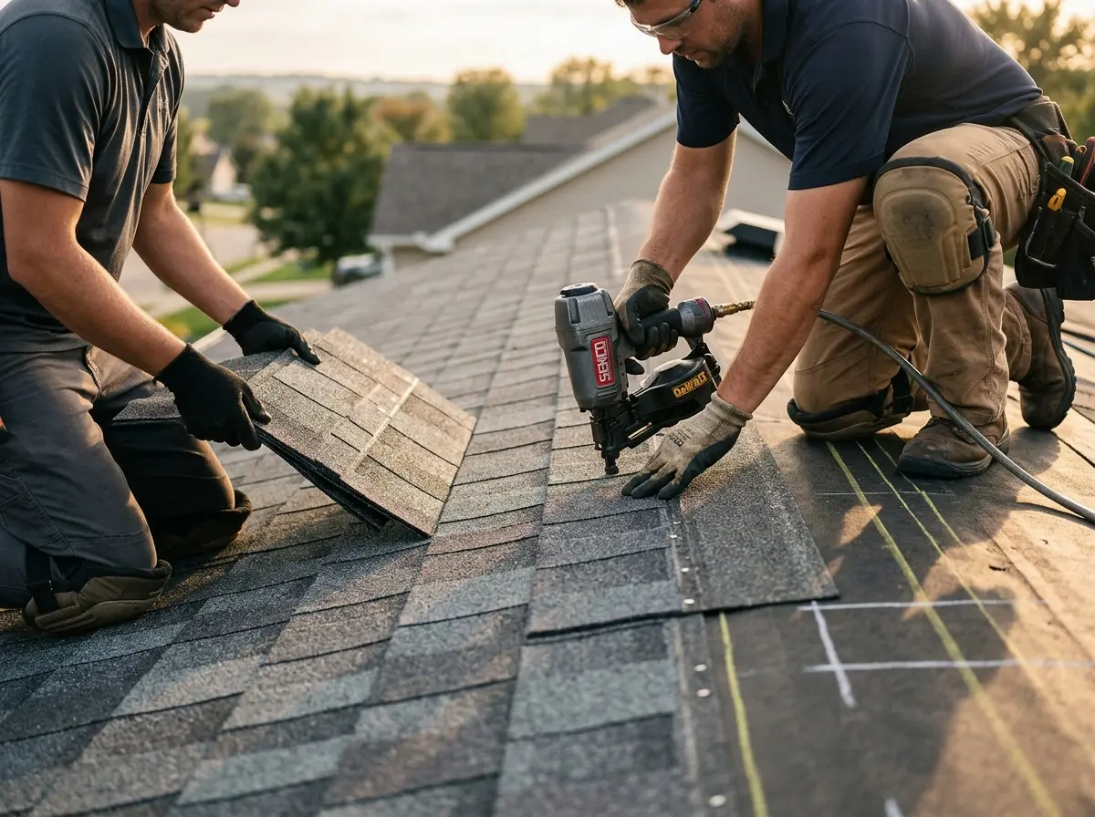 Professional roofer working on a residential roof in Dixon